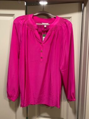 NWT Lilly Pulitzer Elsa Silk Top Pink Size XL Long Sleeve Popover Blouse